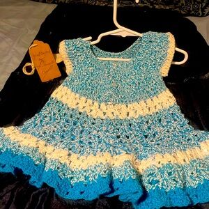 Baby Girl’s handcrafted knitted blue rhinestones dress